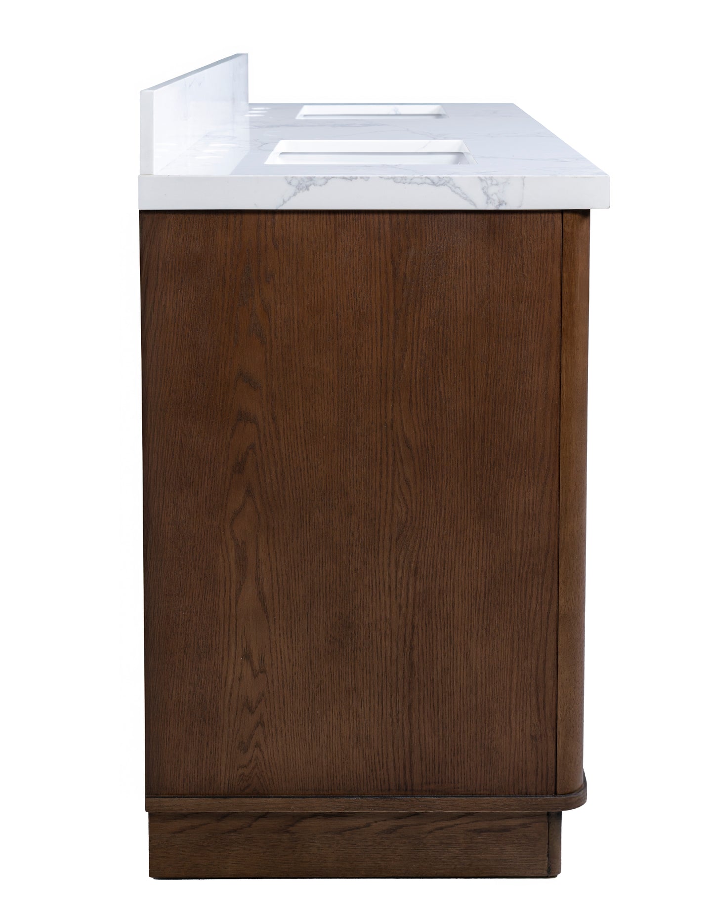 Kathryn 72" Double Vanity with Square Sinks and Statuario Venato Marble Quartz Top in Dark Oak