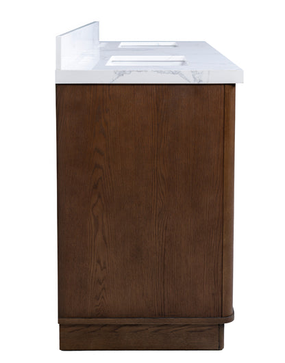 Kathryn 72" Double Vanity with Square Sinks and Statuario Venato Marble Quartz Top in Dark Oak
