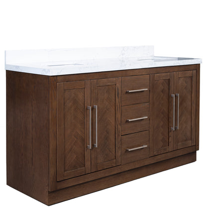 Vivian 72" Double Vanity with Square Sinks and Statuario Venato Marble Quartz Top in Dark Oak