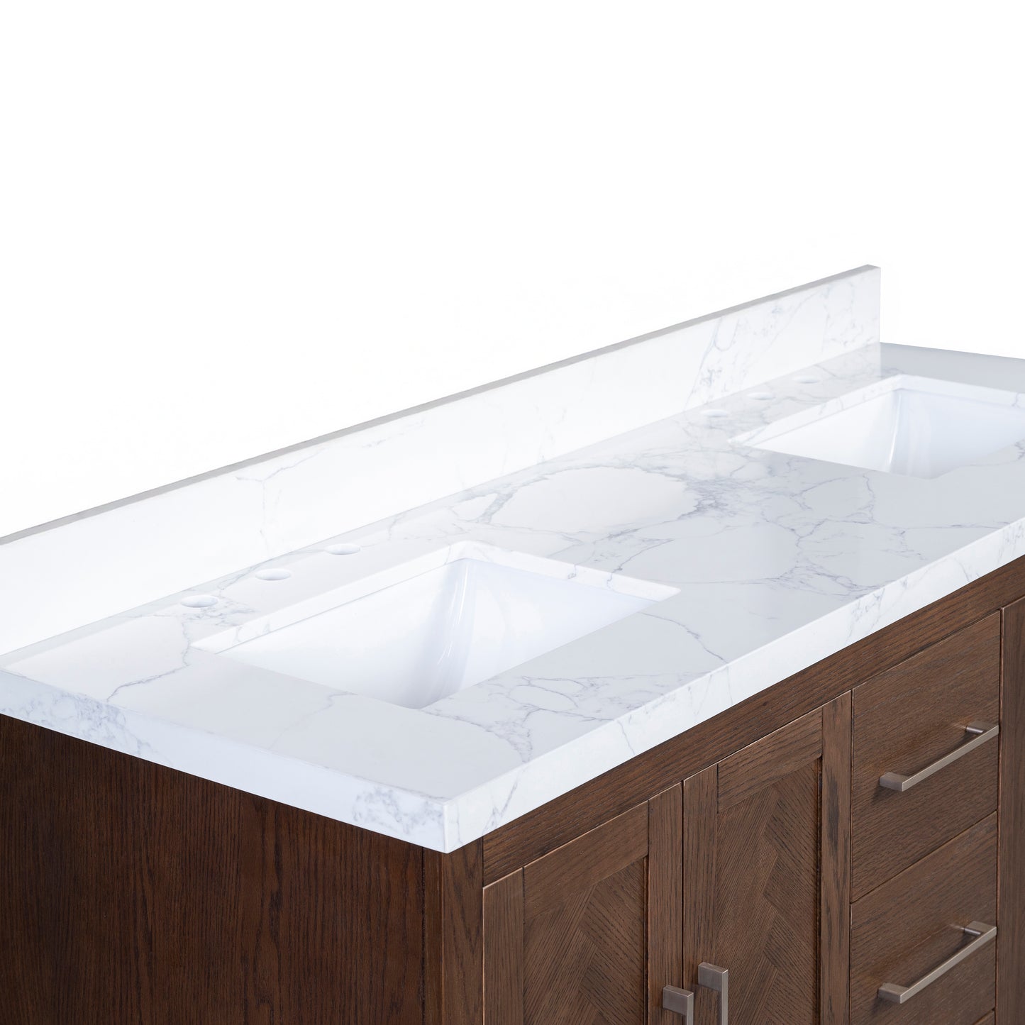 Vivian 72" Double Vanity with Square Sinks and Statuario Venato Marble Quartz Top in Dark Oak