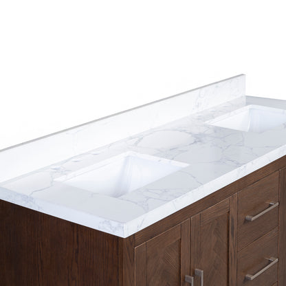 Vivian 72" Double Vanity with Square Sinks and Statuario Venato Marble Quartz Top in Dark Oak