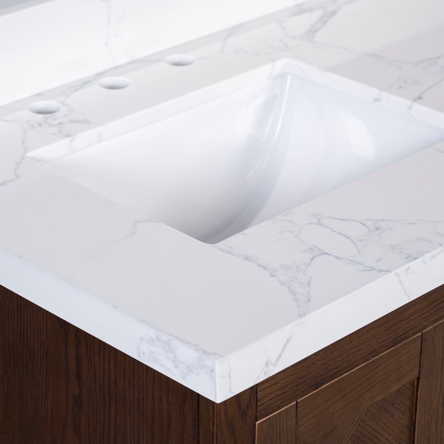 Vivian 72" Double Vanity with Square Sinks and Statuario Venato Marble Quartz Top in Dark Oak