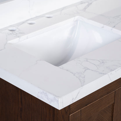 Vivian 72" Double Vanity with Square Sinks and Statuario Venato Marble Quartz Top in Dark Oak