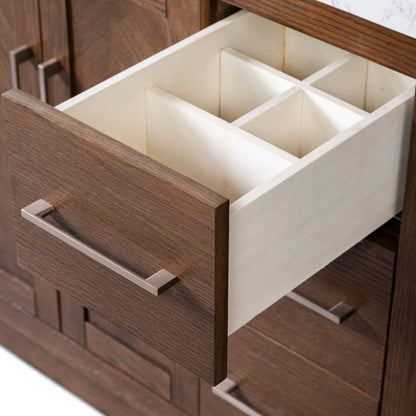 Vivian 72" Double Vanity with Square Sinks and Statuario Venato Marble Quartz Top in Dark Oak