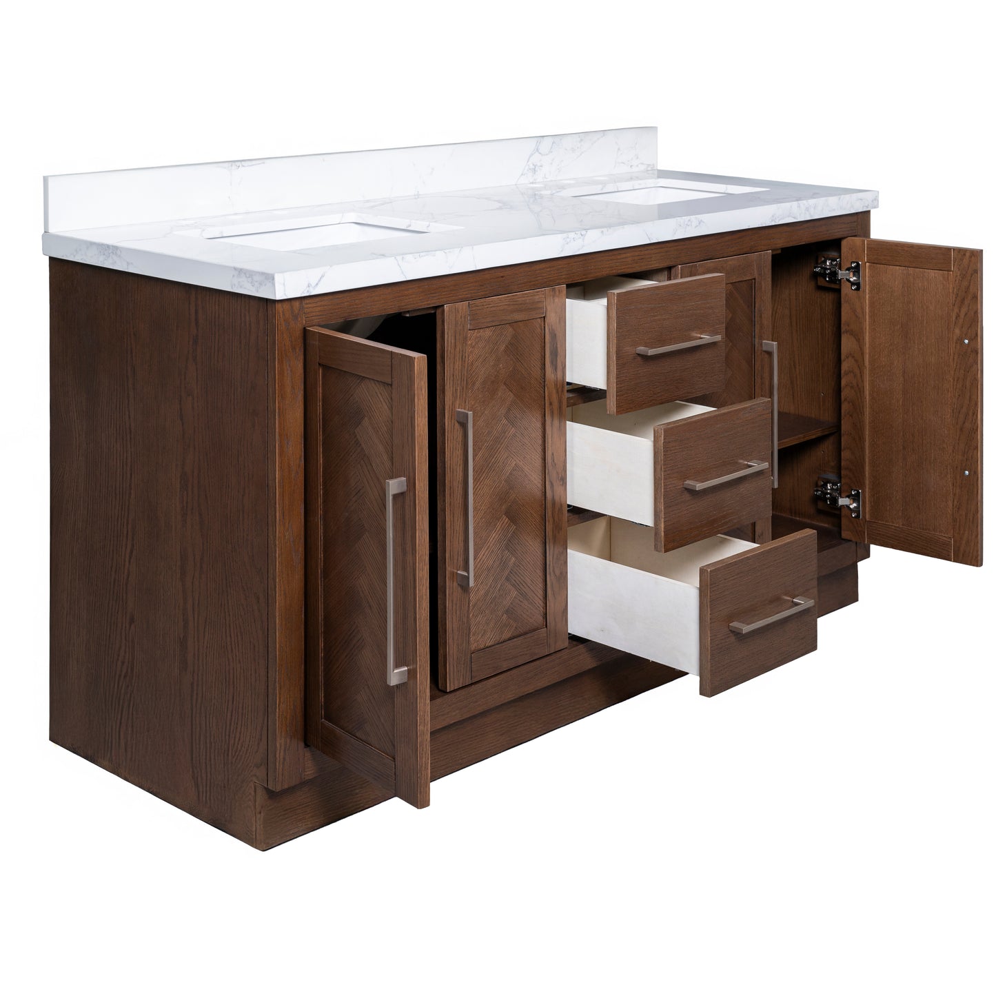Vivian 72" Double Vanity with Square Sinks and Statuario Venato Marble Quartz Top in Dark Oak