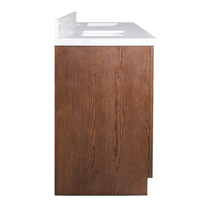Vivian 72" Double Vanity with Square Sinks and Statuario Venato Marble Quartz Top in Dark Oak