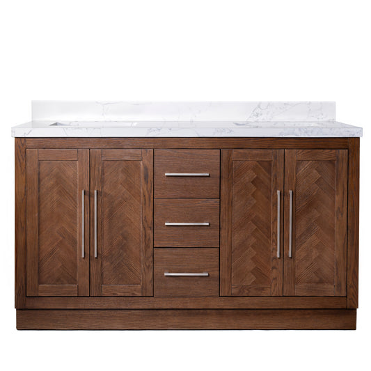 Vivian 60" Double Vanity with Square Sinks and Statuario Venato Marble Quartz Top in Dark Oak