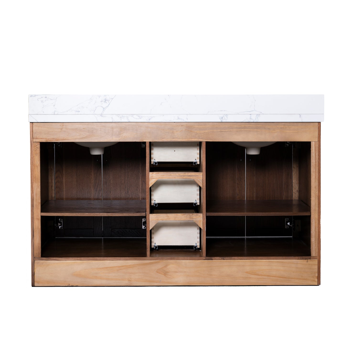 Vivian 72" Double Vanity with Square Sinks and Statuario Venato Marble Quartz Top in Dark Oak