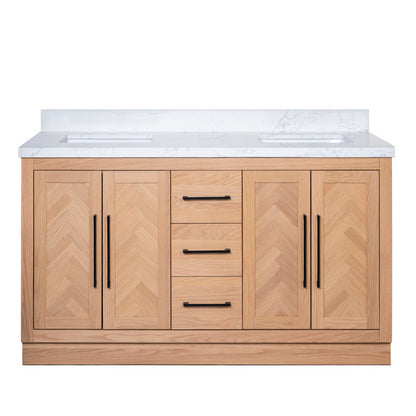 Vivian 60" Double Vanity with Square Sinks and Statuario Venato Marble Quartz Top in Light Oak