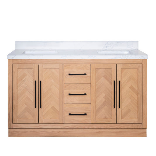 Vivian 60" Double Vanity with Square Sinks and Statuario Venato Marble Quartz Top in Light Oak