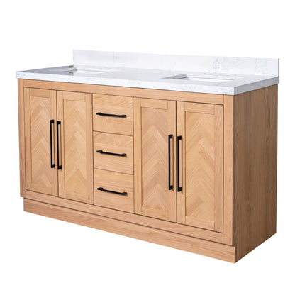 Vivian 60" Double Vanity with Square Sinks and Statuario Venato Marble Quartz Top in Light Oak