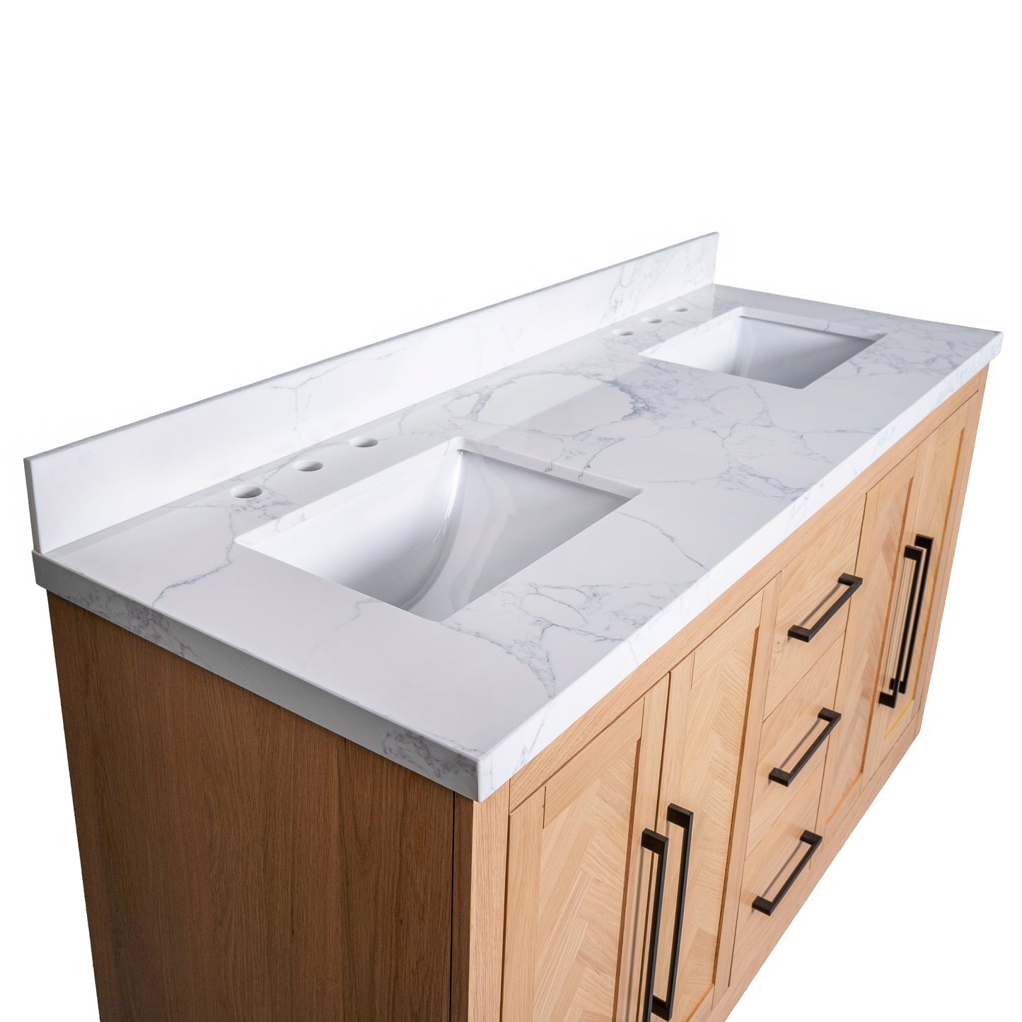 Vivian 72" Double Vanity with Square Sinks and Statuario Venato Marble Quartz Top in Light Oak