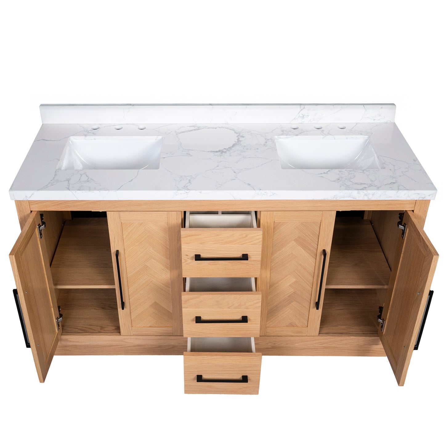 Vivian 72" Double Vanity with Square Sinks and Statuario Venato Marble Quartz Top in Light Oak