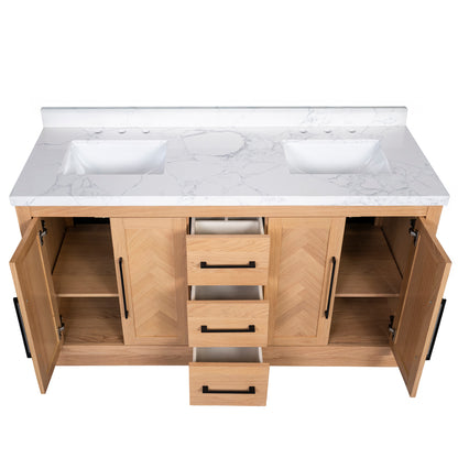 Vivian 72" Double Vanity with Square Sinks and Statuario Venato Marble Quartz Top in Light Oak