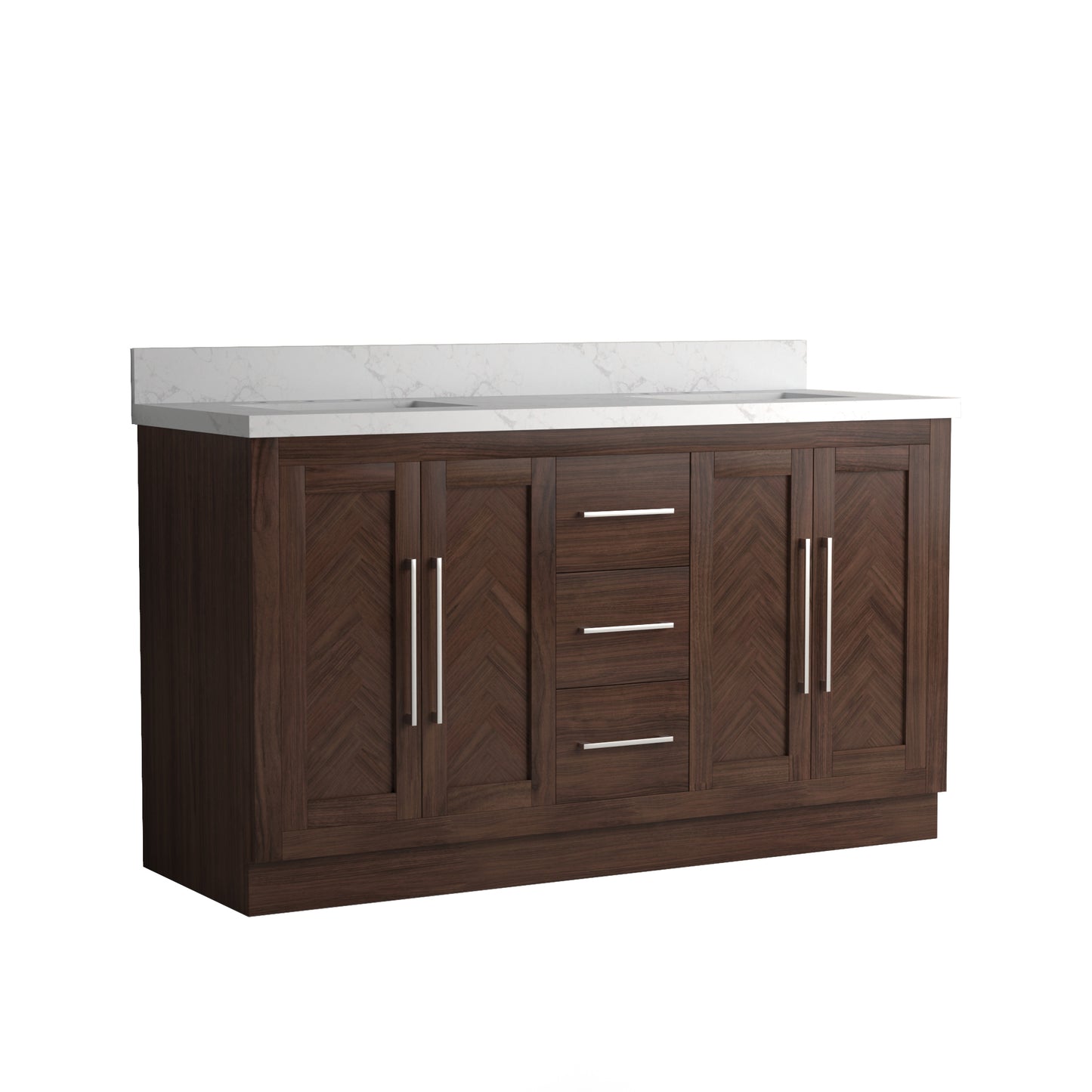 Vivian 60" Double Vanity with Square Sinks and Statuario Venato Marble Quartz Top in Dark Oak