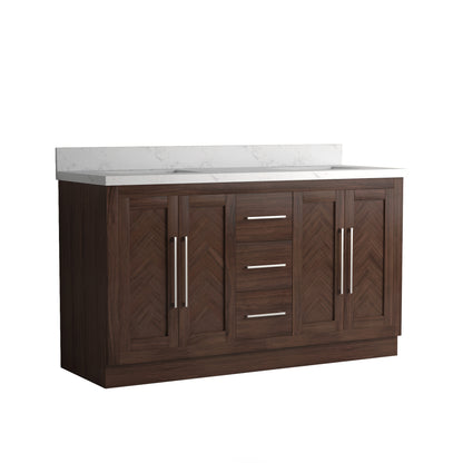 Vivian 60" Double Vanity with Square Sinks and Statuario Venato Marble Quartz Top in Dark Oak