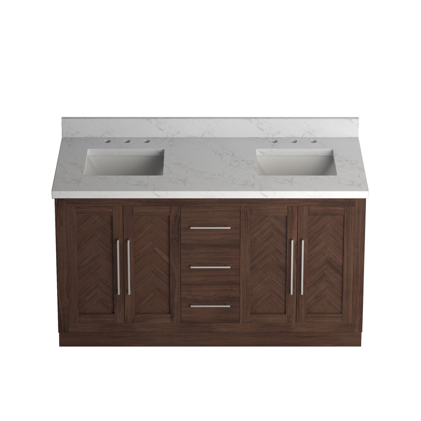 Vivian 60" Double Vanity with Square Sinks and Statuario Venato Marble Quartz Top in Dark Oak