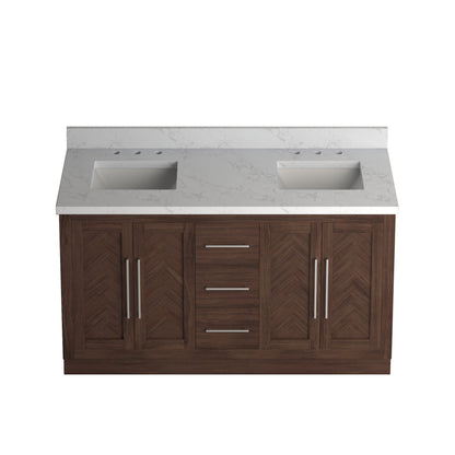 Vivian 60" Double Vanity with Square Sinks and Statuario Venato Marble Quartz Top in Dark Oak