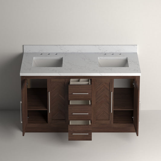 Vivian 60" Double Vanity with Square Sinks and Statuario Venato Marble Quartz Top in Dark Oak