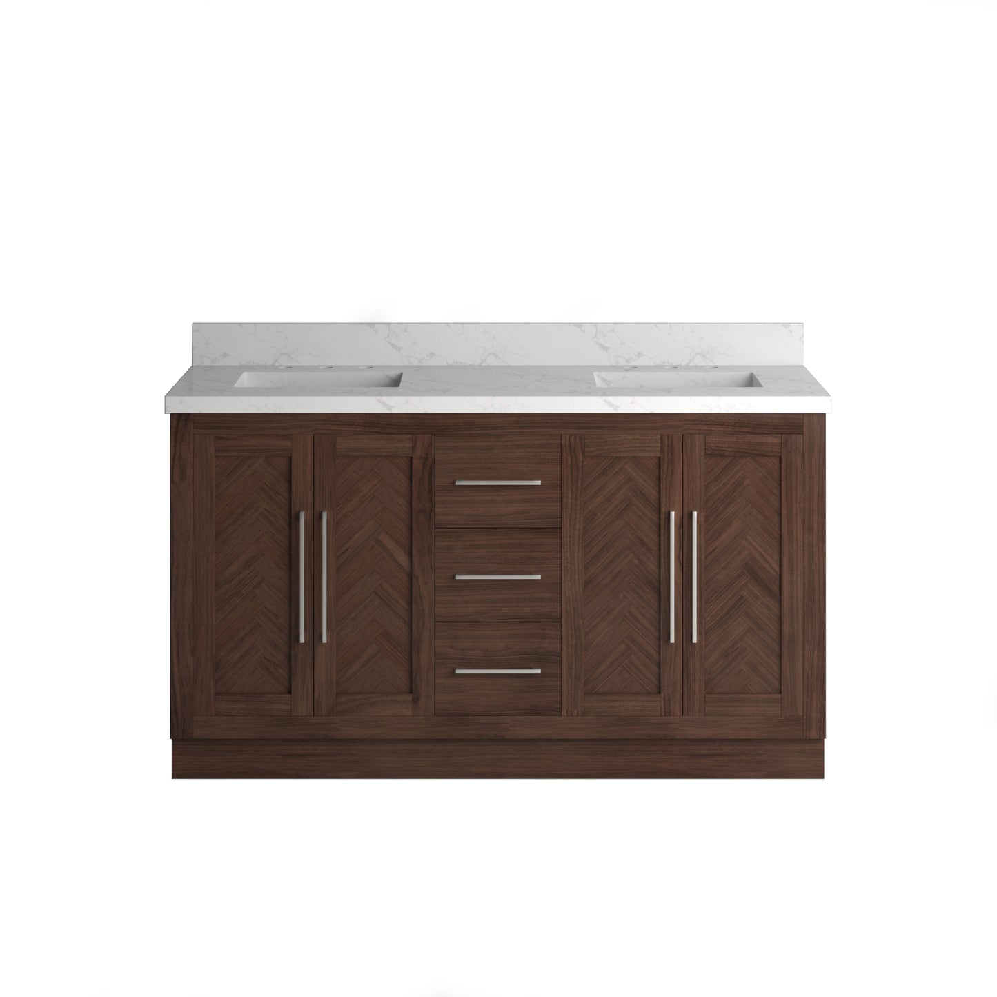 Vivian 60" Double Vanity with Square Sinks and Statuario Venato Marble Quartz Top in Dark Oak