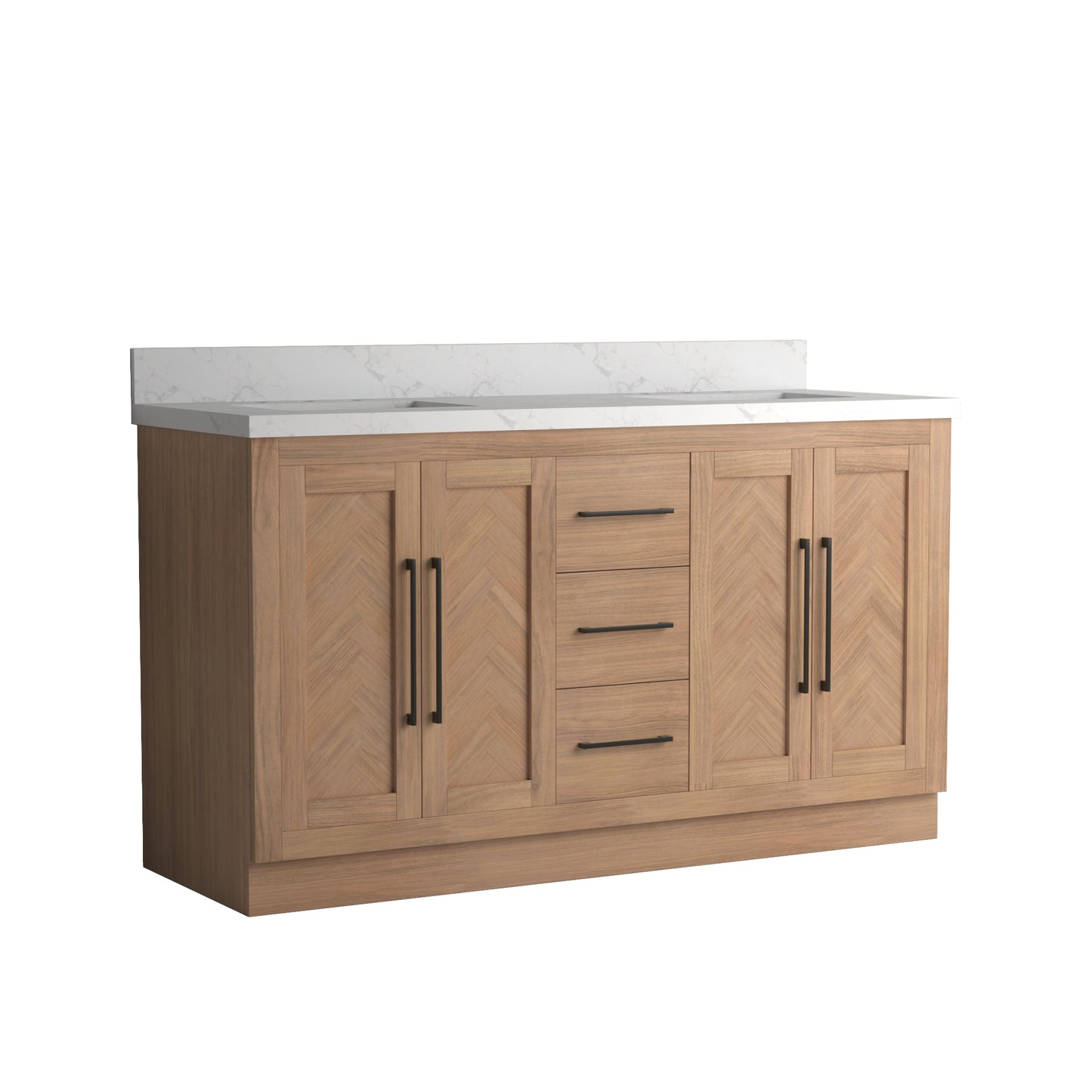 Vivian 60" Double Vanity with Square Sinks and Statuario Venato Marble Quartz Top in Light Oak