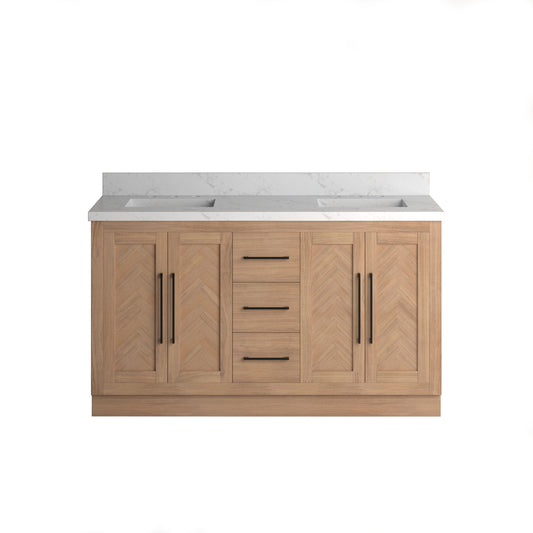 Vivian 60" Double Vanity with Square Sinks and Statuario Venato Marble Quartz Top in Light Oak