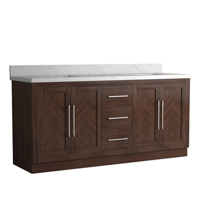 Vivian 72" Double Vanity with Square Sinks and Statuario Venato Marble Quartz Top in Dark Oak