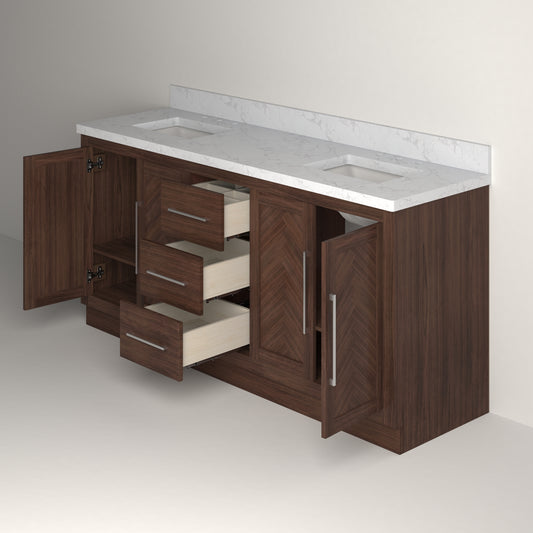 Vivian 72" Double Vanity with Square Sinks and Statuario Venato Marble Quartz Top in Dark Oak