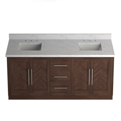 Vivian 72" Double Vanity with Square Sinks and Statuario Venato Marble Quartz Top in Dark Oak