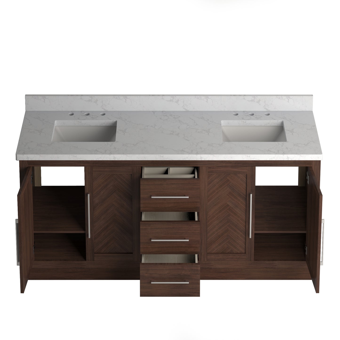 Vivian 72" Double Vanity with Square Sinks and Statuario Venato Marble Quartz Top in Dark Oak