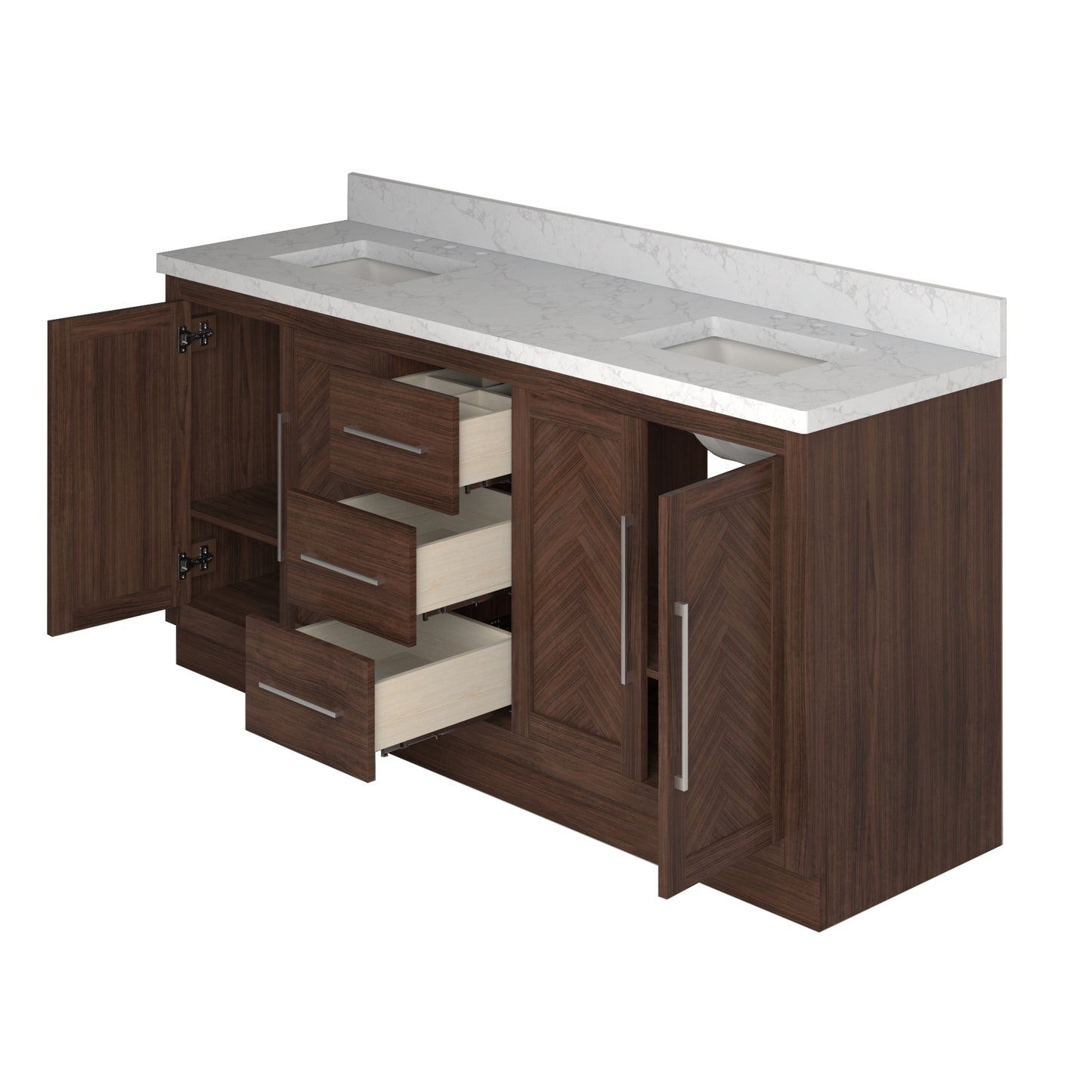 Vivian 72" Double Vanity with Square Sinks and Statuario Venato Marble Quartz Top in Dark Oak