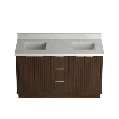 Kathryn 60" Double Vanity Cabinet with Square Sinks and Statuario Venato Marble Quartz Top in Dark Oak