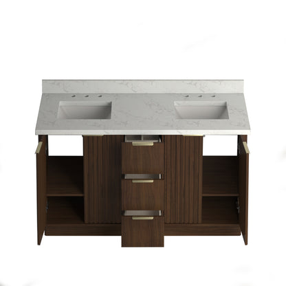 Kathryn 60" Double Vanity Cabinet with Square Sinks and Statuario Venato Marble Quartz Top in Dark Oak