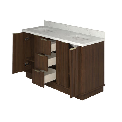 Kathryn 60" Double Vanity Cabinet with Square Sinks and Statuario Venato Marble Quartz Top in Dark Oak