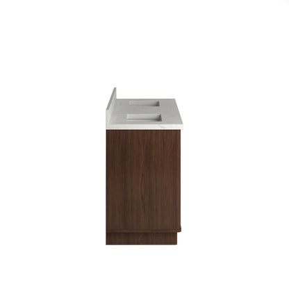 Kathryn 60" Double Vanity Cabinet with Square Sinks and Statuario Venato Marble Quartz Top in Dark Oak