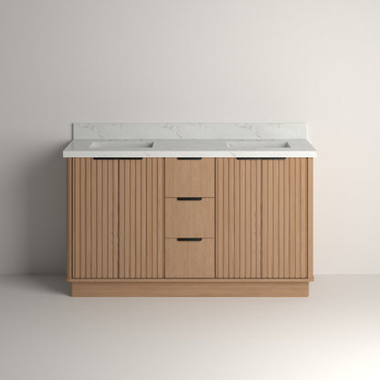 Kathryn 60" Double Vanity Cabinet with Square Sinks and Statuario Venato Marble Quartz Top in Light Oak