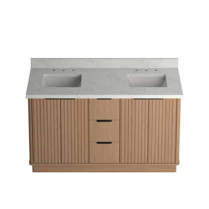 Kathryn 60" Double Vanity Cabinet with Square Sinks and Statuario Venato Marble Quartz Top in Light Oak