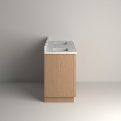 Kathryn 60" Double Vanity Cabinet with Square Sinks and Statuario Venato Marble Quartz Top in Light Oak