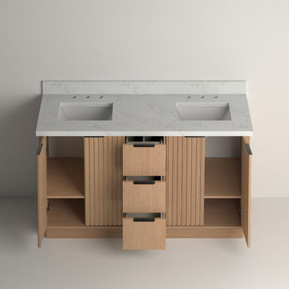 Kathryn 60" Double Vanity Cabinet with Square Sinks and Statuario Venato Marble Quartz Top in Light Oak