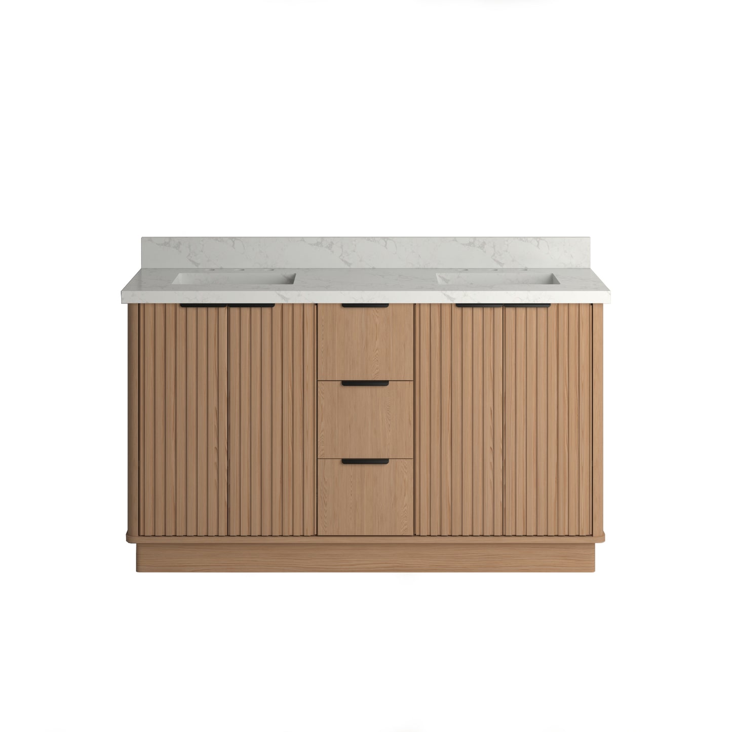 Kathryn 60" Double Vanity Cabinet with Square Sinks and Statuario Venato Marble Quartz Top in Light Oak