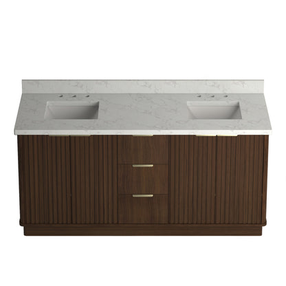 Kathryn 72" Double Vanity with Square Sinks and Statuario Venato Marble Quartz Top in Dark Oak