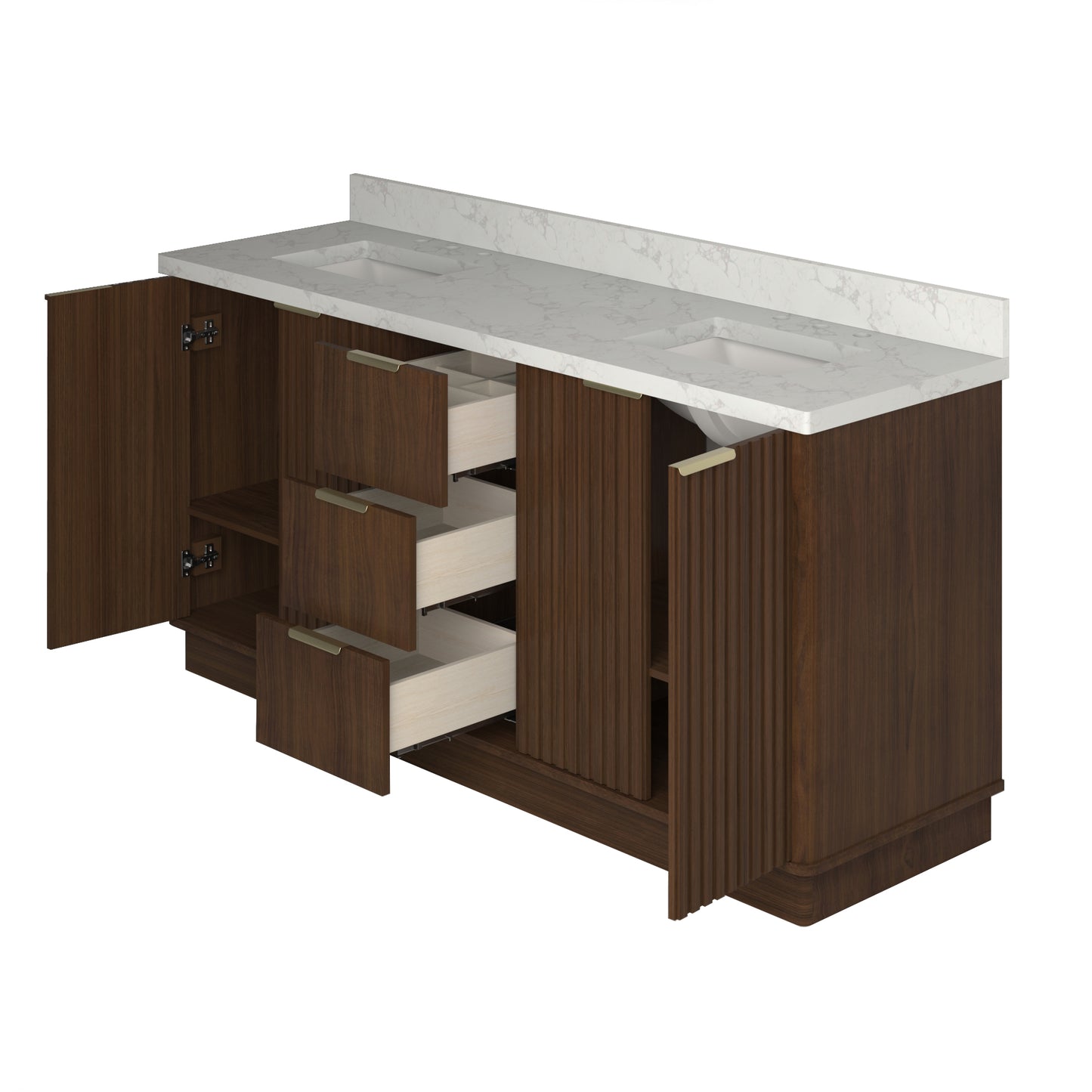 Kathryn 72" Double Vanity with Square Sinks and Statuario Venato Marble Quartz Top in Dark Oak